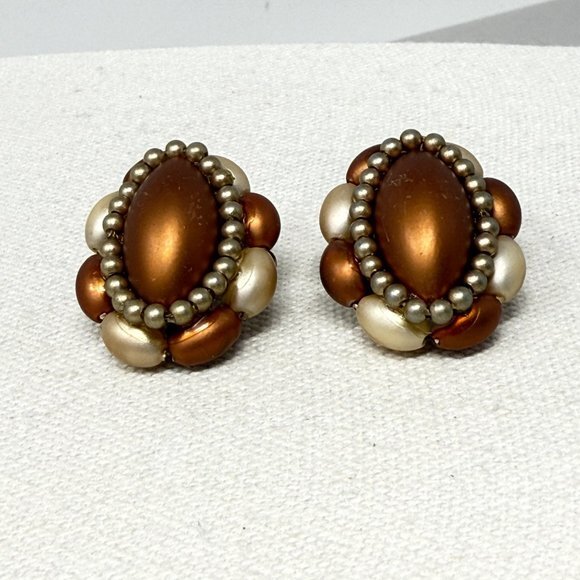Vintage Beaded Earrings Brown‎ Clip-on Classic Old Money  Retro - Picture 2 of 9
